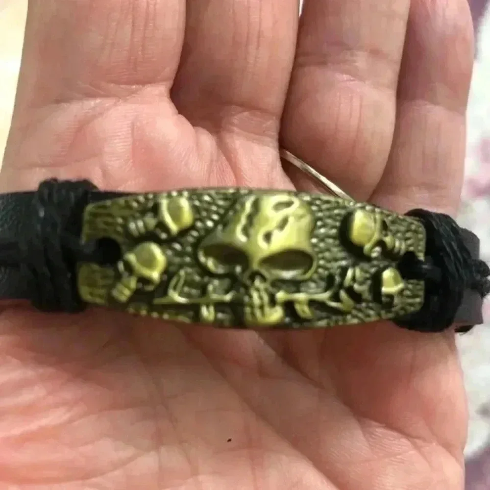 Bronze Skulls and Rose Leather & Hemp Adjustable Bracelet K NWT
